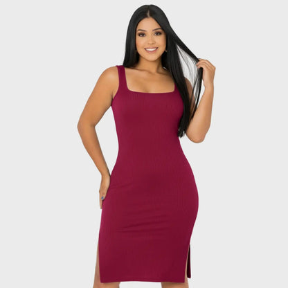 Vestido Midi Canelado Premium Com Alça E Fendas Casual Básico