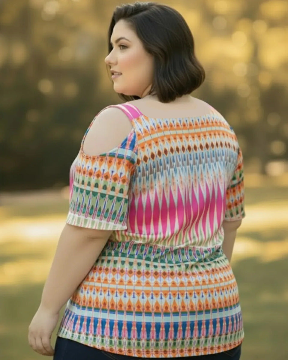 Blusa Cigana De Seda Estampada Alça Dupla Plus Size