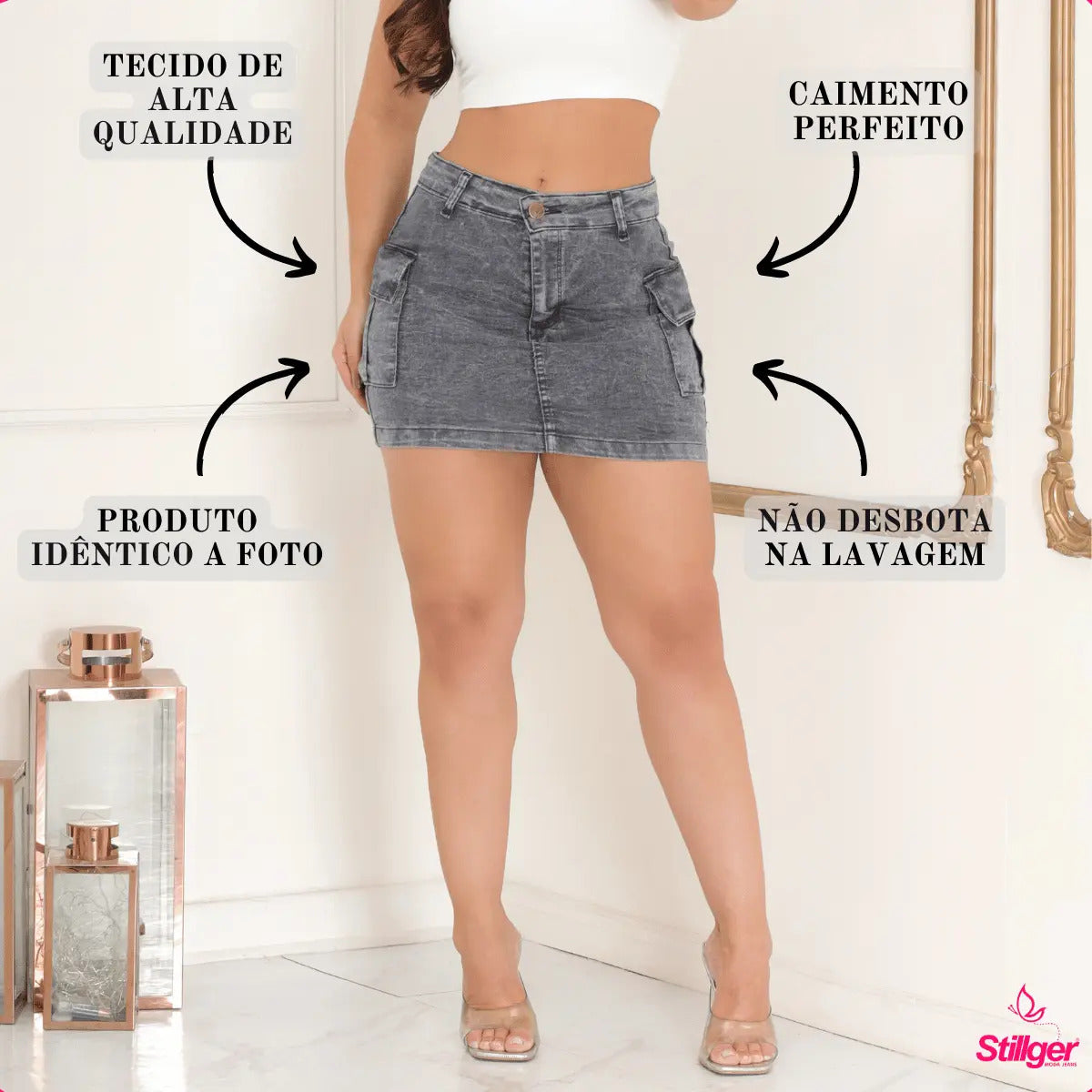 Saia Jeans Cargo Feminina Cintura Alta Com Lycra Stillger