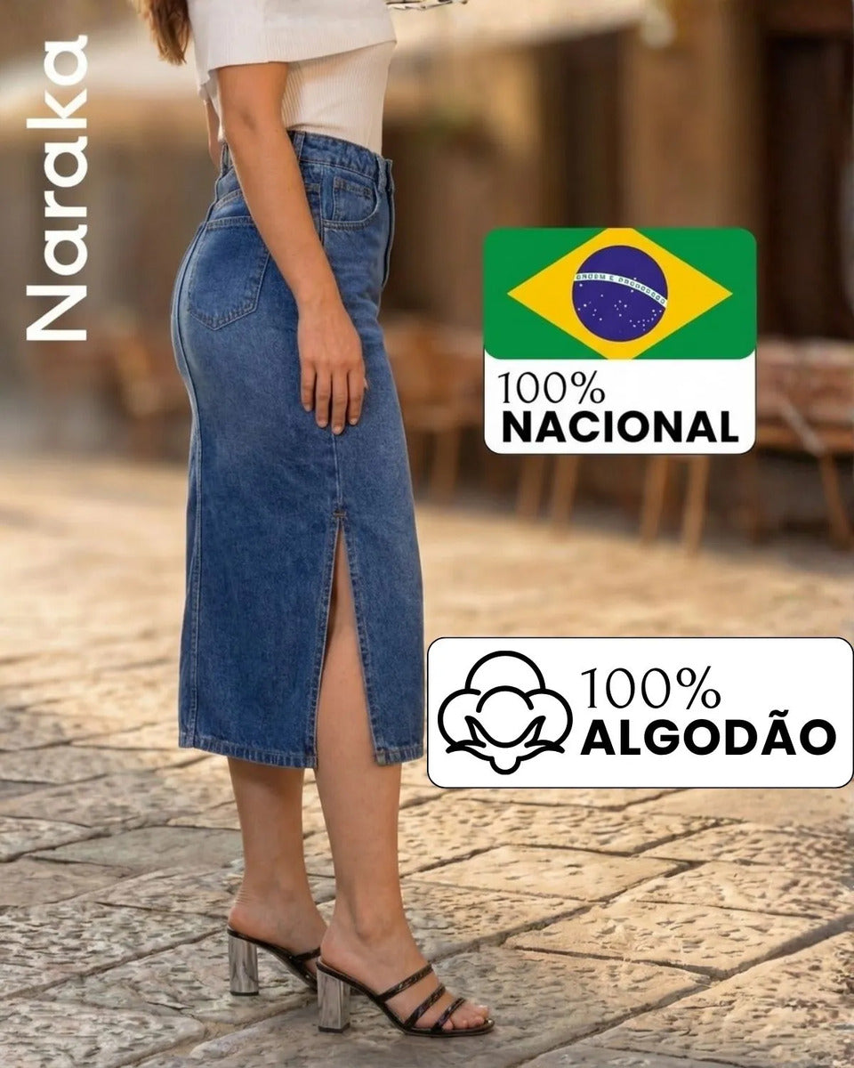 Saia Jeans Feminina Longa Midi Evangélica Cintura Alta