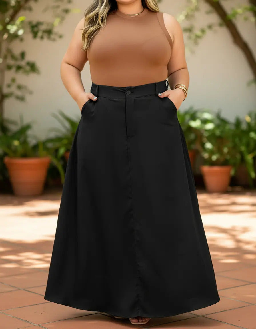 Saia Alfaiataria Plus Size Rodada Evasê Cós Alto Evangélica