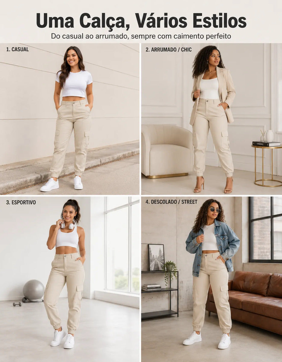 Calça Cargo Jogger Jeans Feminina Cintura Alta Com Lycra