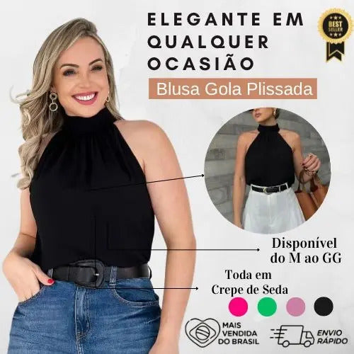 Blusa Feminina Regata Gola Alta Plissada Elegante