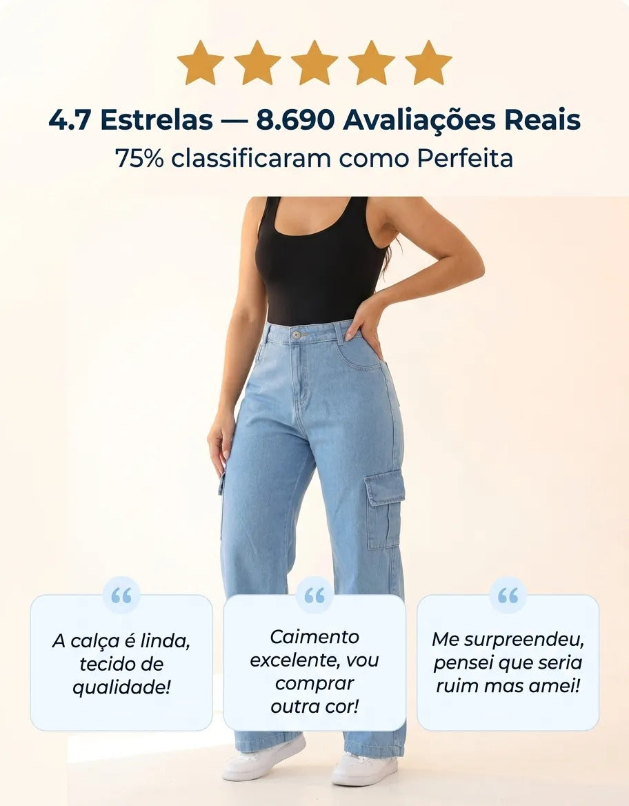 Calça Cargo Feminina Wide Leg Cintura Alta Jeans  Stillger
