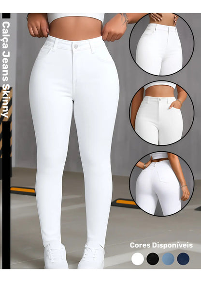 Calça Skinny Jeans Básica Feminina Cintura Alta Look Casual