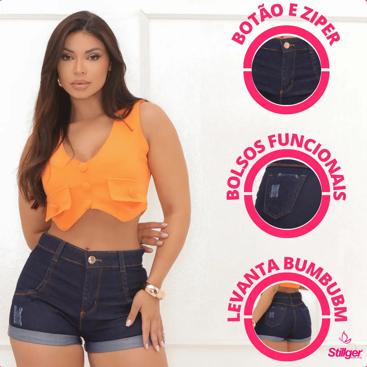 Short Jeans Feminino Cintura Alta C/ Lycra Hot Pant Stillger