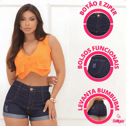 Short Jeans Feminino Cintura Alta C/ Lycra Hot Pant Stillger