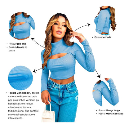 Cropped Gringa Manga Longa Blusinha Blogueira Gola Alta