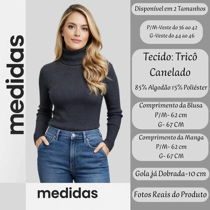 Blusa Cacharrel Feminina Tricô Lã Blusinha Gola Alta Rolê