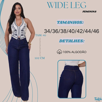 Calça Jeans Feminina Wide Leg Pantalona Cintura Alta Inverno