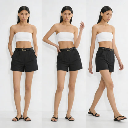 Short Alfaiataria Feminino Social Cintura Alta Cinto Bolso