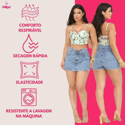 Short Saia Jeans Feminino Cintura Alta Com Lycra Stillger