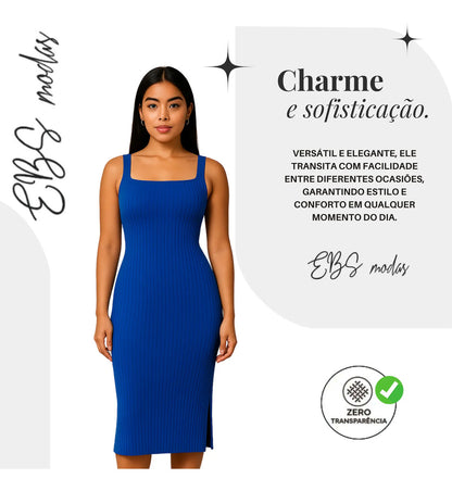 Vestido Midi Canelado Premium Com Alça E Fendas Casual Básico