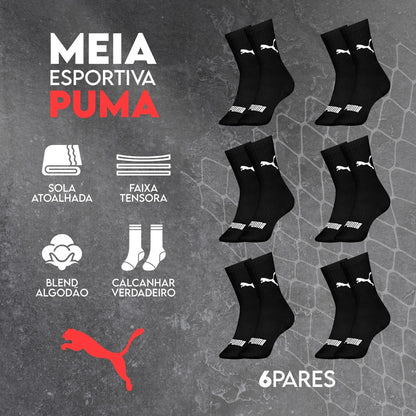 6 Pares Meias Puma Cano Médio Alto Atoalhada Academia Sport