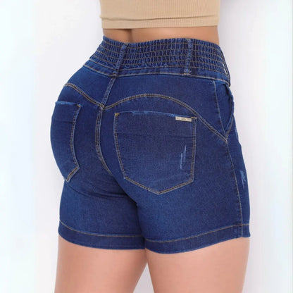 Bermuda Meia Coxa Jeans Feminina Com Lycra Cós Alto