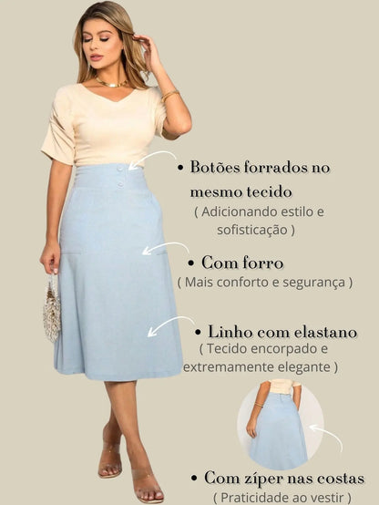 Saia Midi De Linho Elegante Com Botões Encapados