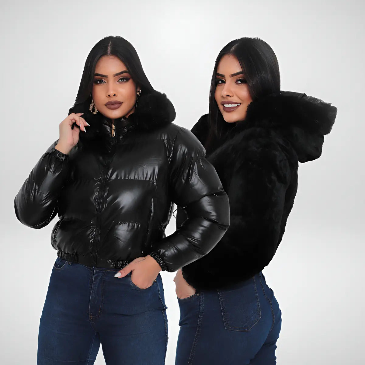Jaqueta Feminina De Inverno Cropped Dupla Face Com Capuz