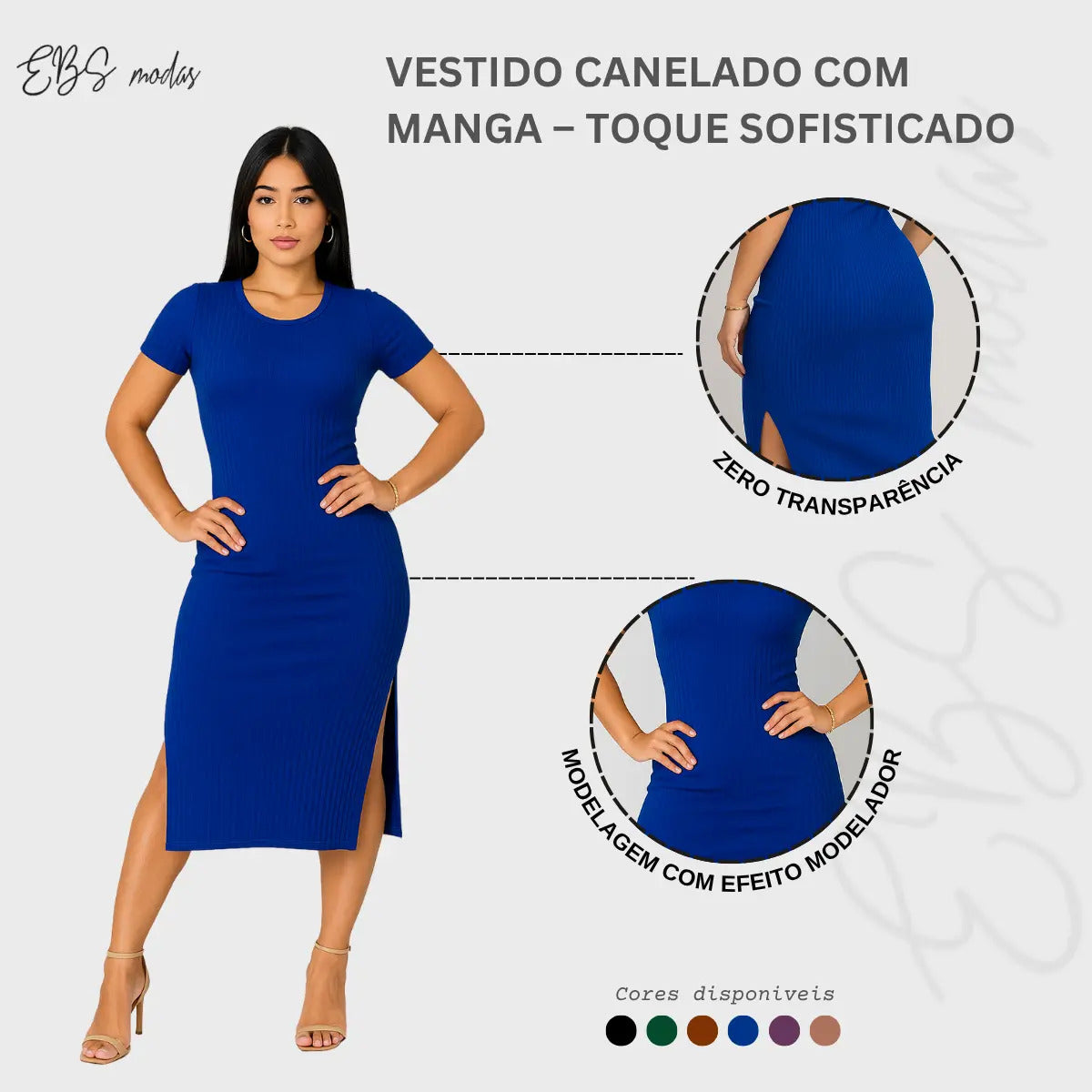 Vestido Canelado Midi Com Manga e Fenda Lateral Casual Básico