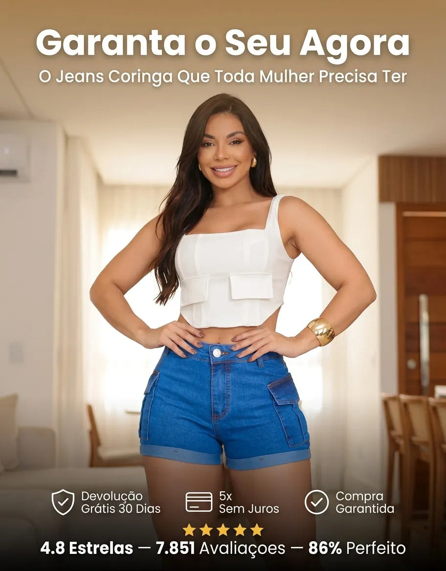 Short Jeans Feminino Shorts Cargo Com Lycra Cintura Alta