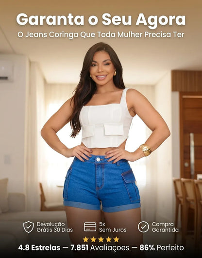 Short Jeans Feminino Shorts Cargo Com Lycra Cintura Alta