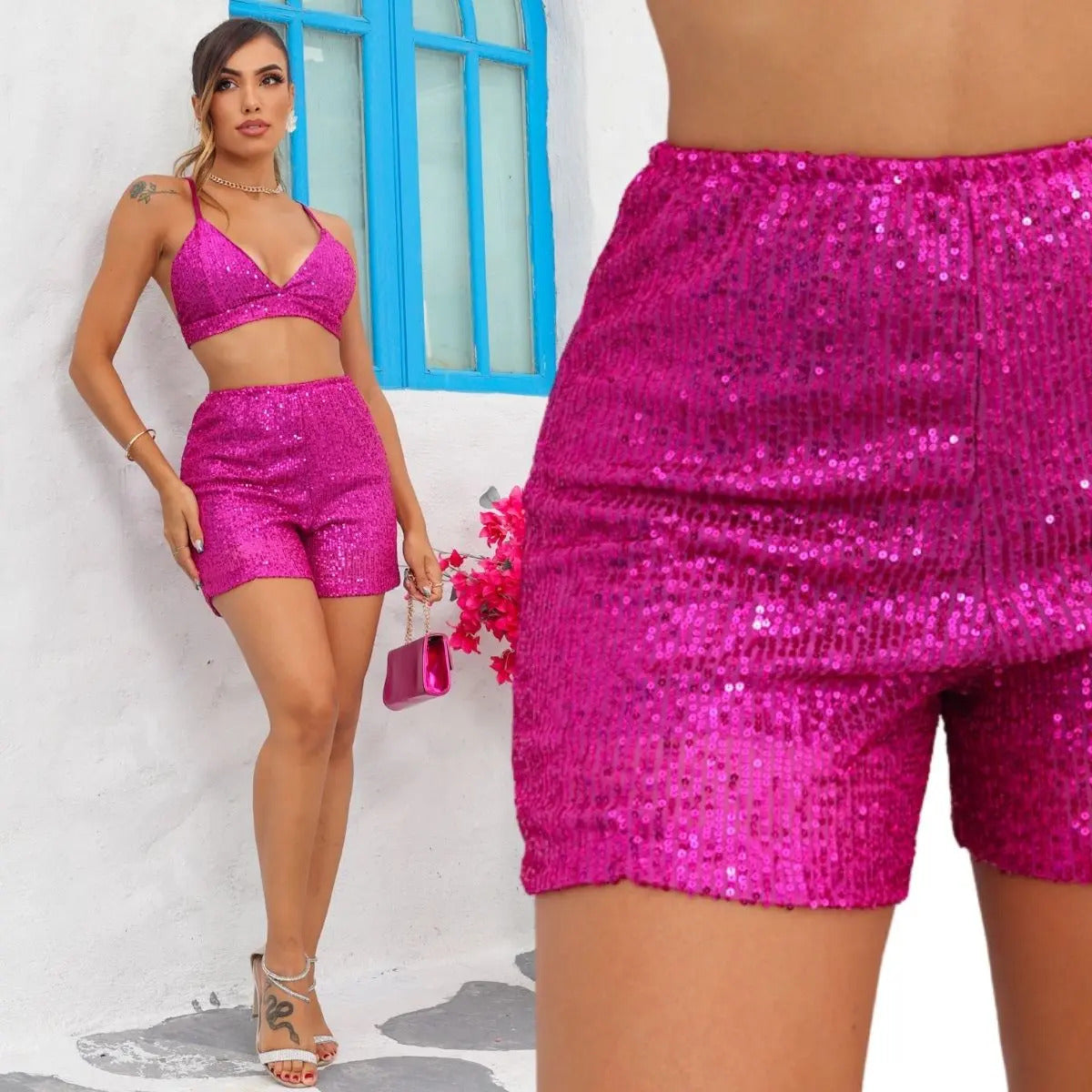 Short Bermuda Feminino Cintura Alta Paetê Balada Moda Brilho