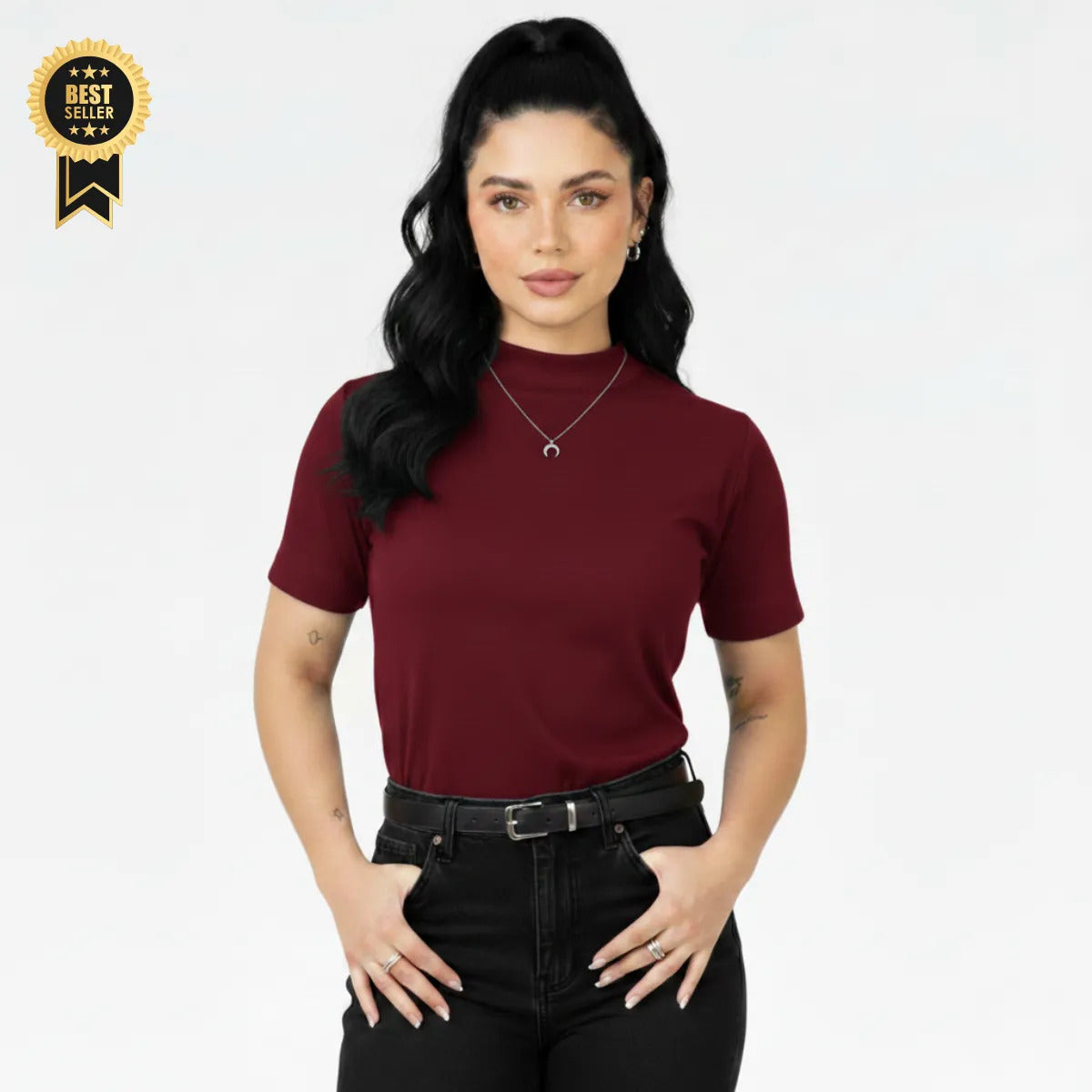 Kit 2 Blusas Camiseta Feminina T Shirt Gola Alta Inverno