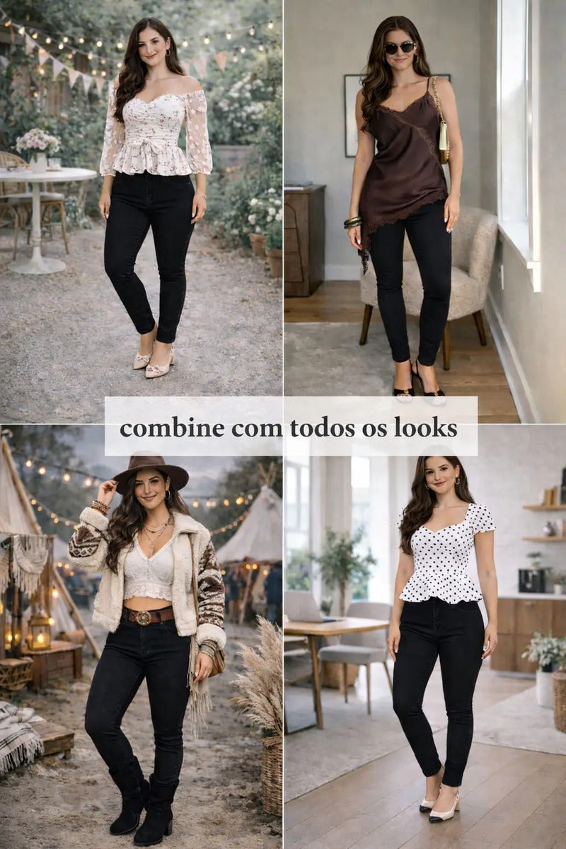 Calça Feminina Jeans Cintura Alta Skinny Levanta Bumbum