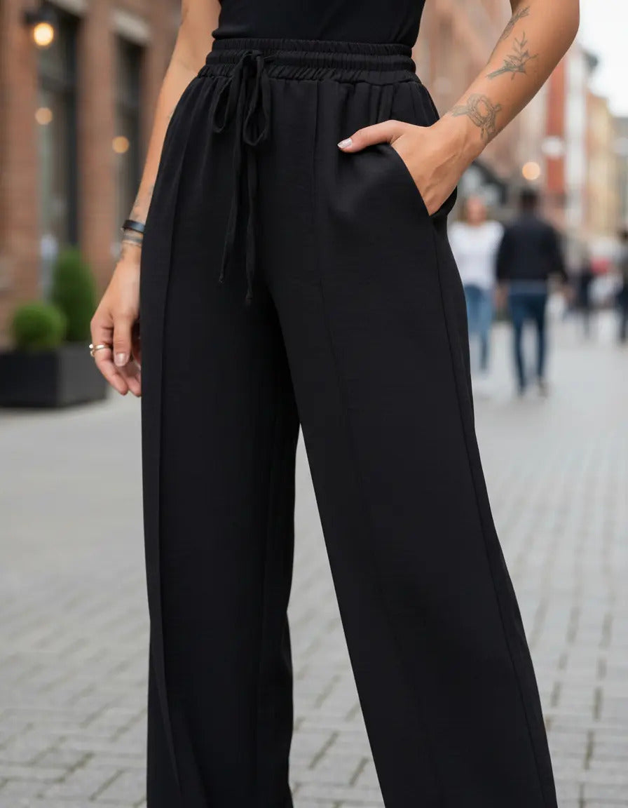 Calça Pantalona Duna Wide Leg Feminina Com Elástico E Bolso