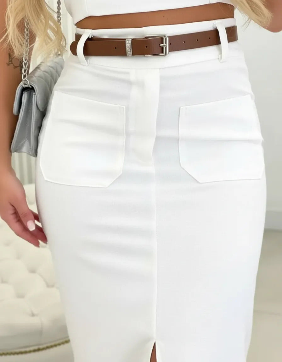 Saia Midi Feminina Com Cinto E Fenda Casual 2025