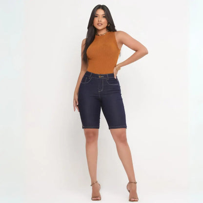 Bermuda Ciclista Jeans Feminina Com Lycra Cós Alto