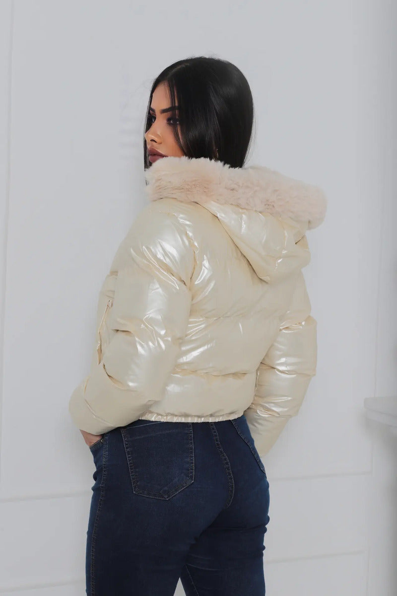 Jaqueta Feminina De Inverno Cropped Dupla Face Com Capuz
