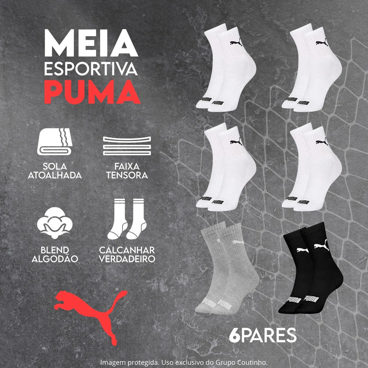 6 Pares Meias Puma Cano Médio Alto Atoalhada Academia Sport