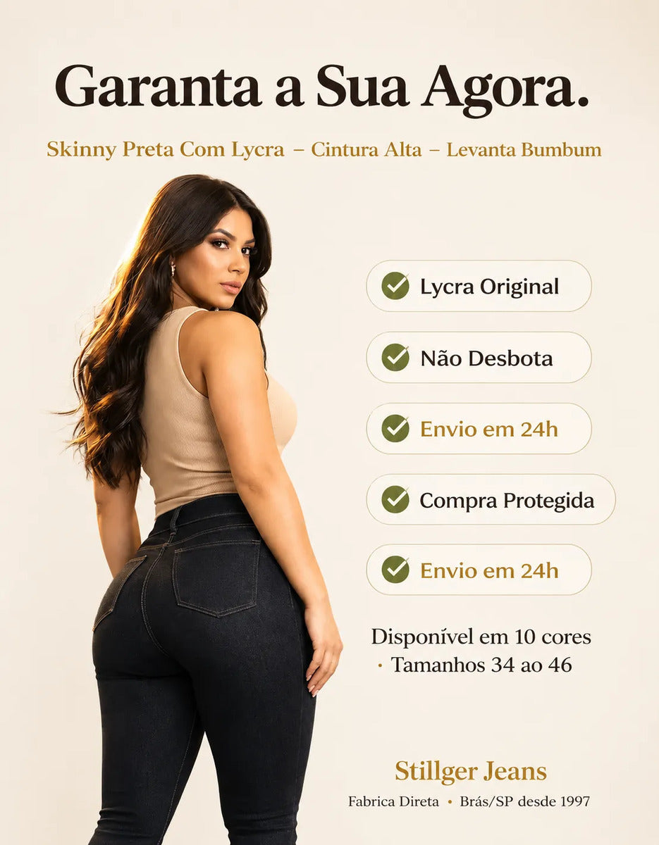 Calça Jeans Feminina Preta Skiny Cintura Alta Levanta Bumbum
