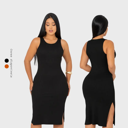 Vestido Canelado Midi Regata Com Fenda Zero Transparência
