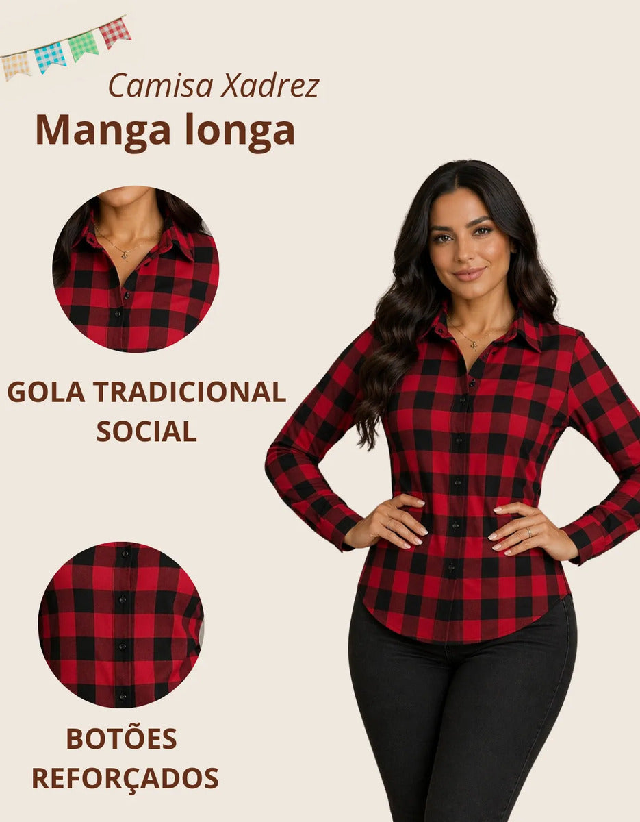 Camisa Xadrez Longa Blusa Manga Festa Junina Social De Botão