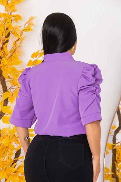 Blusa Feminina Gizele Gola Laço Crepre Seda Manga Franzida