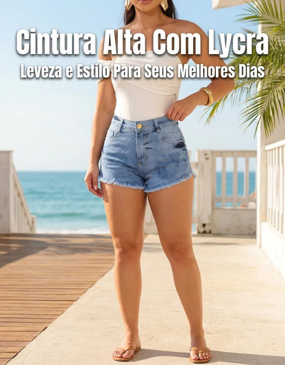 Short Jeans Feminino Cintura Alta Com Lycra Barra Desfiada
