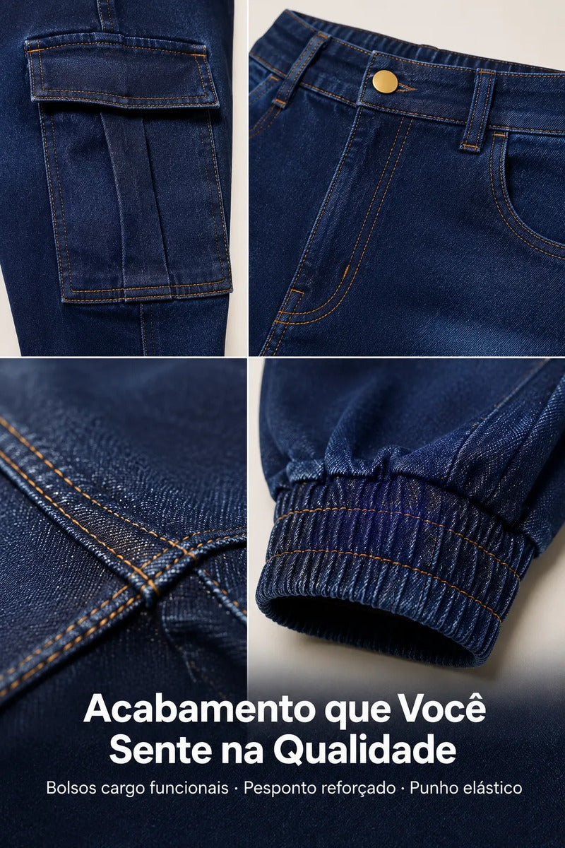 Calça Cargo Jogger Jeans Feminina Cintura Alta Com Lycra