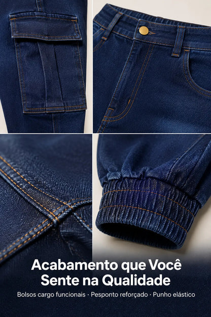 Calça Cargo Jogger Jeans Feminina Cintura Alta Com Lycra