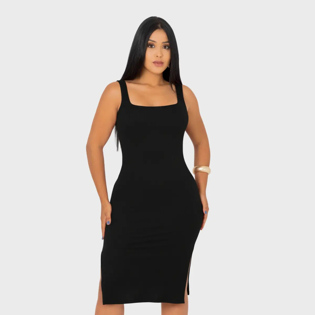 Vestido Midi Canelado Premium Com Alça E Fendas Casual Básico