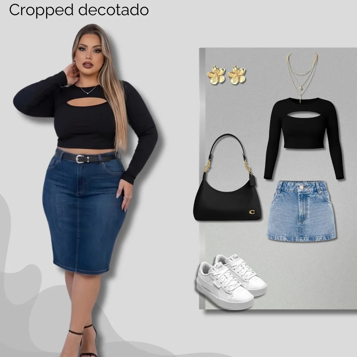 Cropped Feminino Plus Size Manga Longa Com Decote
