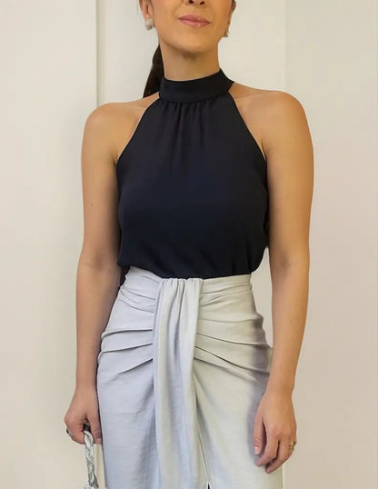 Blusa Feminina Regata Gola Alta Plissada Elegante