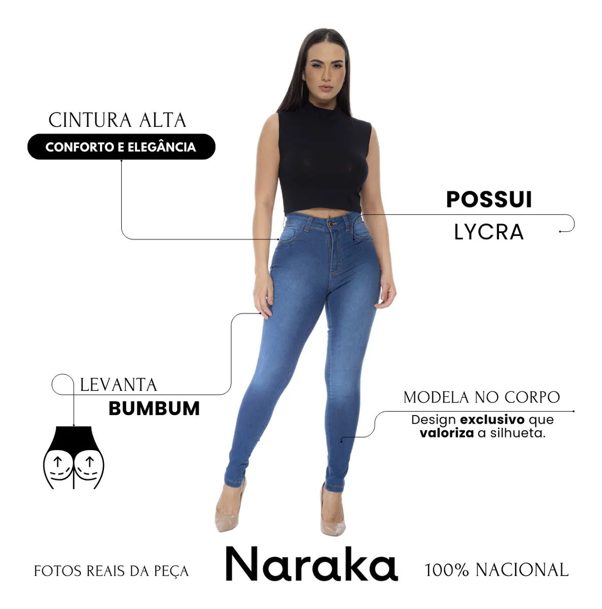 Calça Jeans Feminina Skinny Cintura Alta Levanta Bumbum