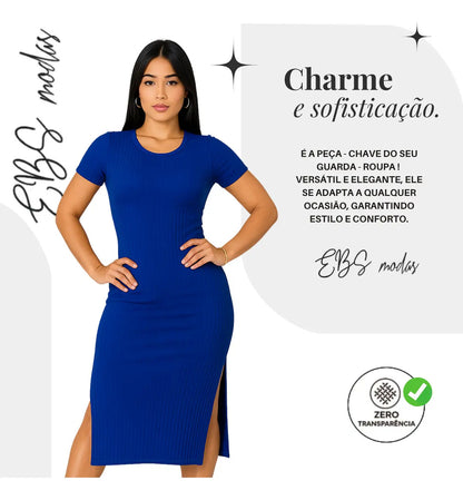 Vestido Canelado Midi Com Manga e Fenda Lateral Casual Básico