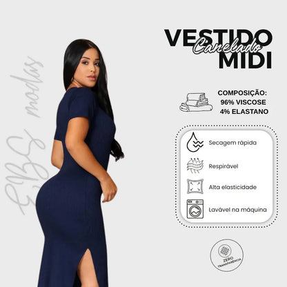 Vestido Canelado Midi Com Manga e Fenda Lateral Casual Básico