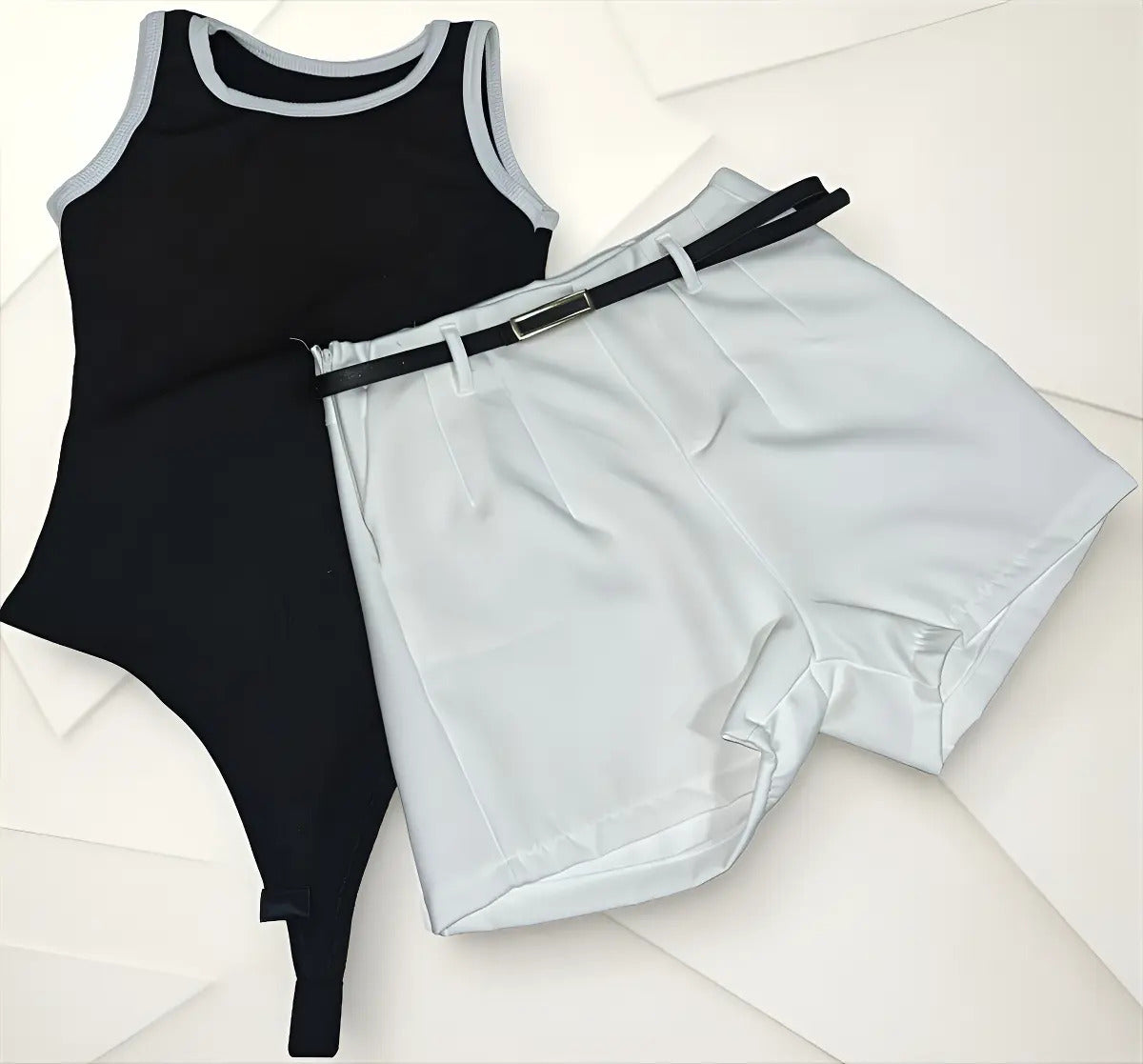 Kit Short Alfaiataria Body Canelado Feminino Liso