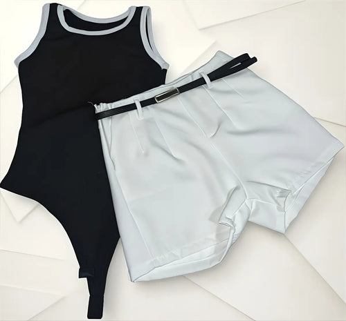 Kit Short Alfaiataria Body Canelado Feminino Liso
