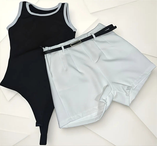 Kit Short Alfaiataria Body Canelado Feminino Liso