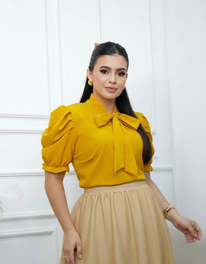 Blusa Emily Gola Laço Manga Curta Bufante