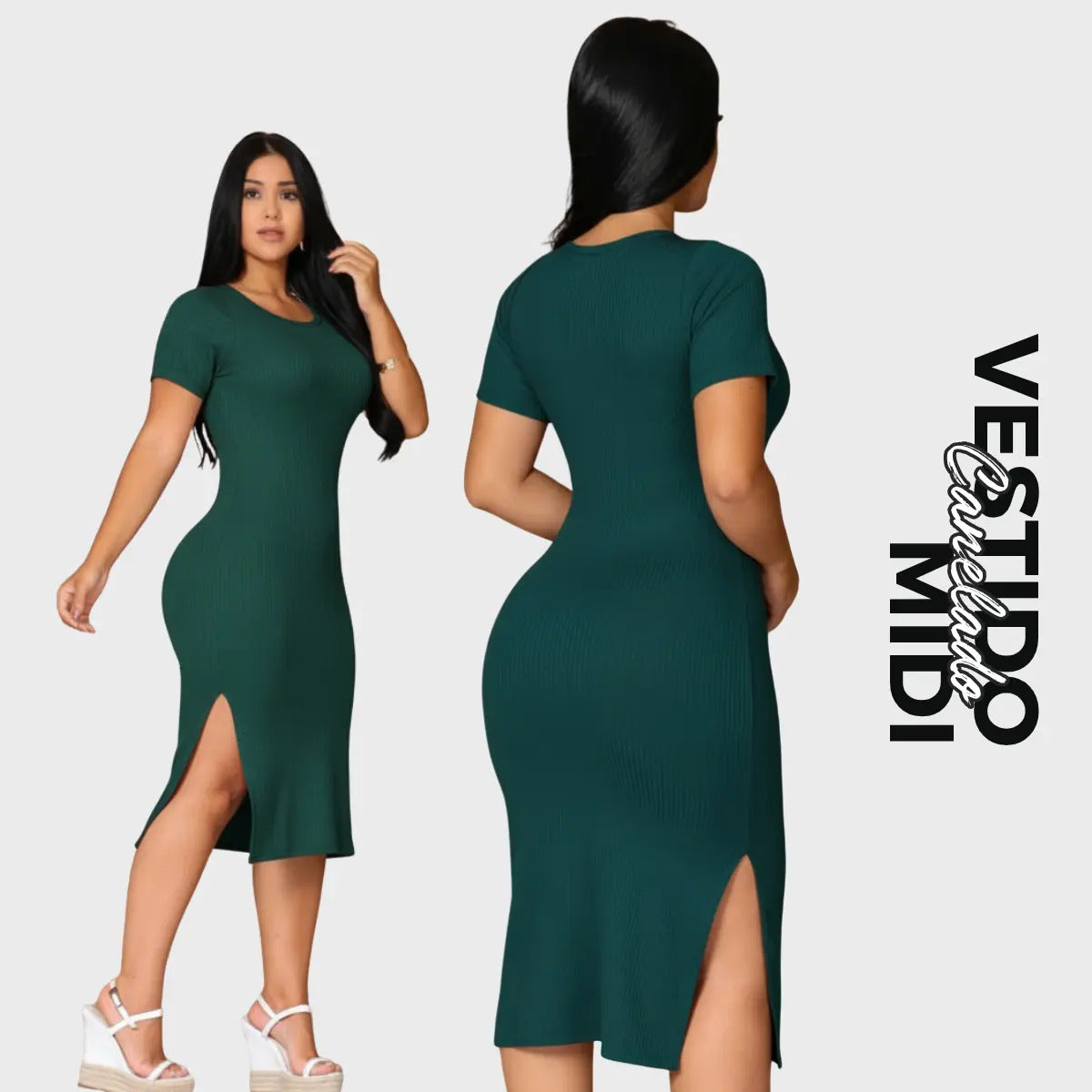 Vestido Canelado Midi Com Manga e Fenda Lateral Casual Básico